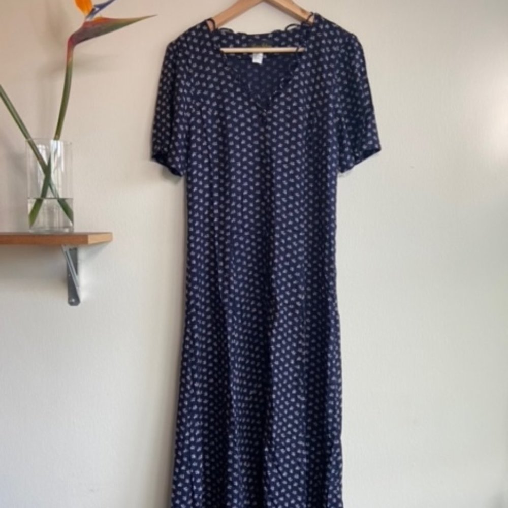 90's Navy Floral Loop Trim Dress W/ Lace Tie Back